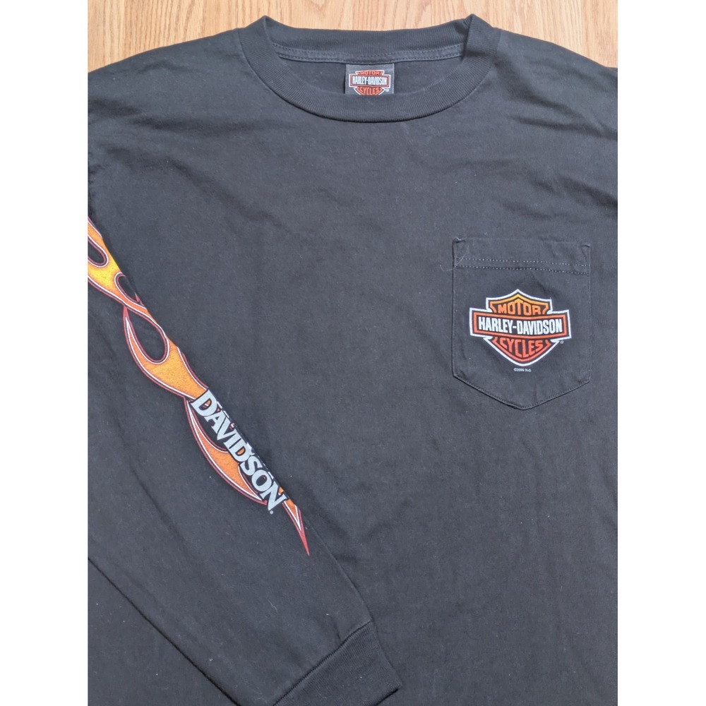 Harley Davidson Mens Long Sleeve Pocket T-Shirt Flame Sleeve Coos Bay Black M